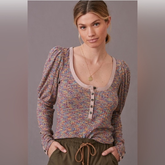 By Anthropologie Women’s Puff Long Sleeve Knit 1/4 Button Down Henley Size Small - Picture 1 of 16